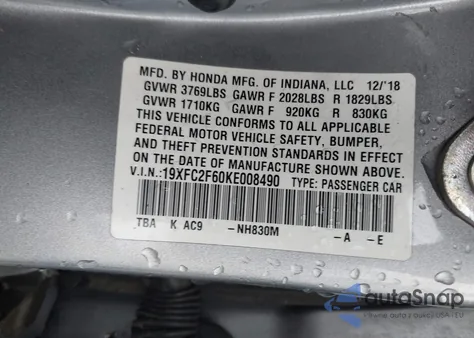 2019 Honda Civic Lx from USA, damaged, VIN 19XFC2F60KE008490